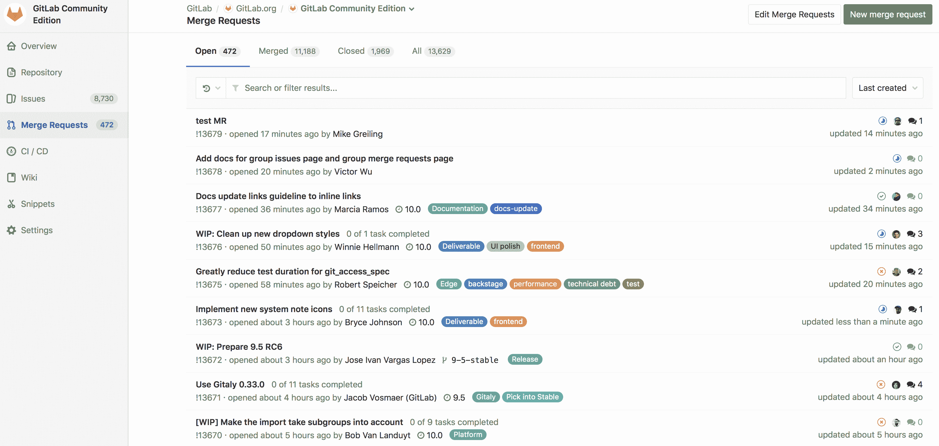 Project merge requests list view
