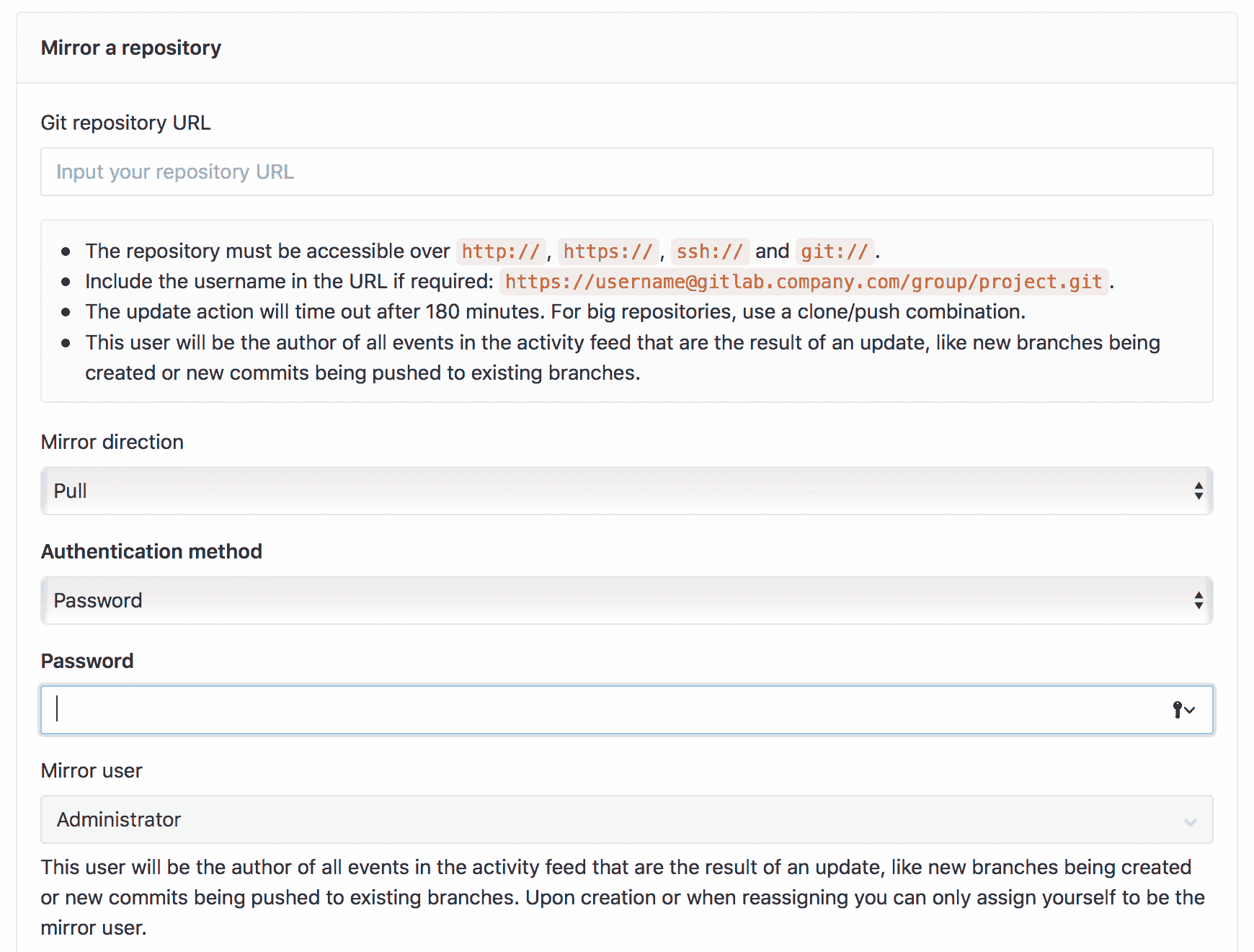Repository mirroring pull settings screen - upper part