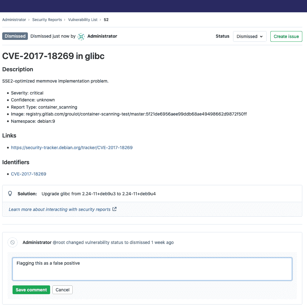 Dismissed vulnerability comment