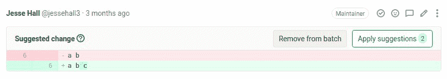 A code change suggestion displayed, with the button to remove that suggestion from its batch highlighted.