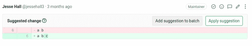 A code change suggestion displayed, with the button to add an additional suggestion to a batch highlighted.