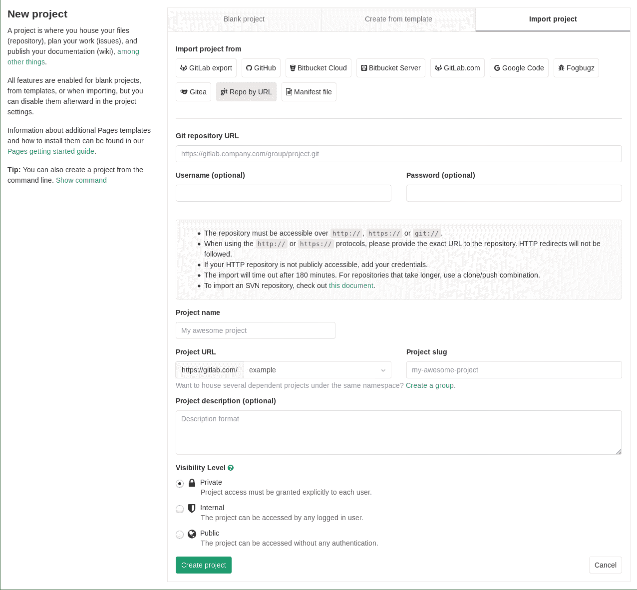 Import project from repo by url gitlab